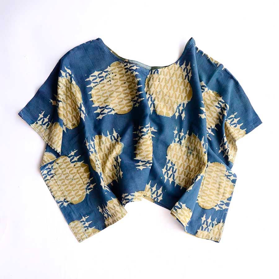 Crop Top - Blue Sheer Silk Cotton Blouse Block Print