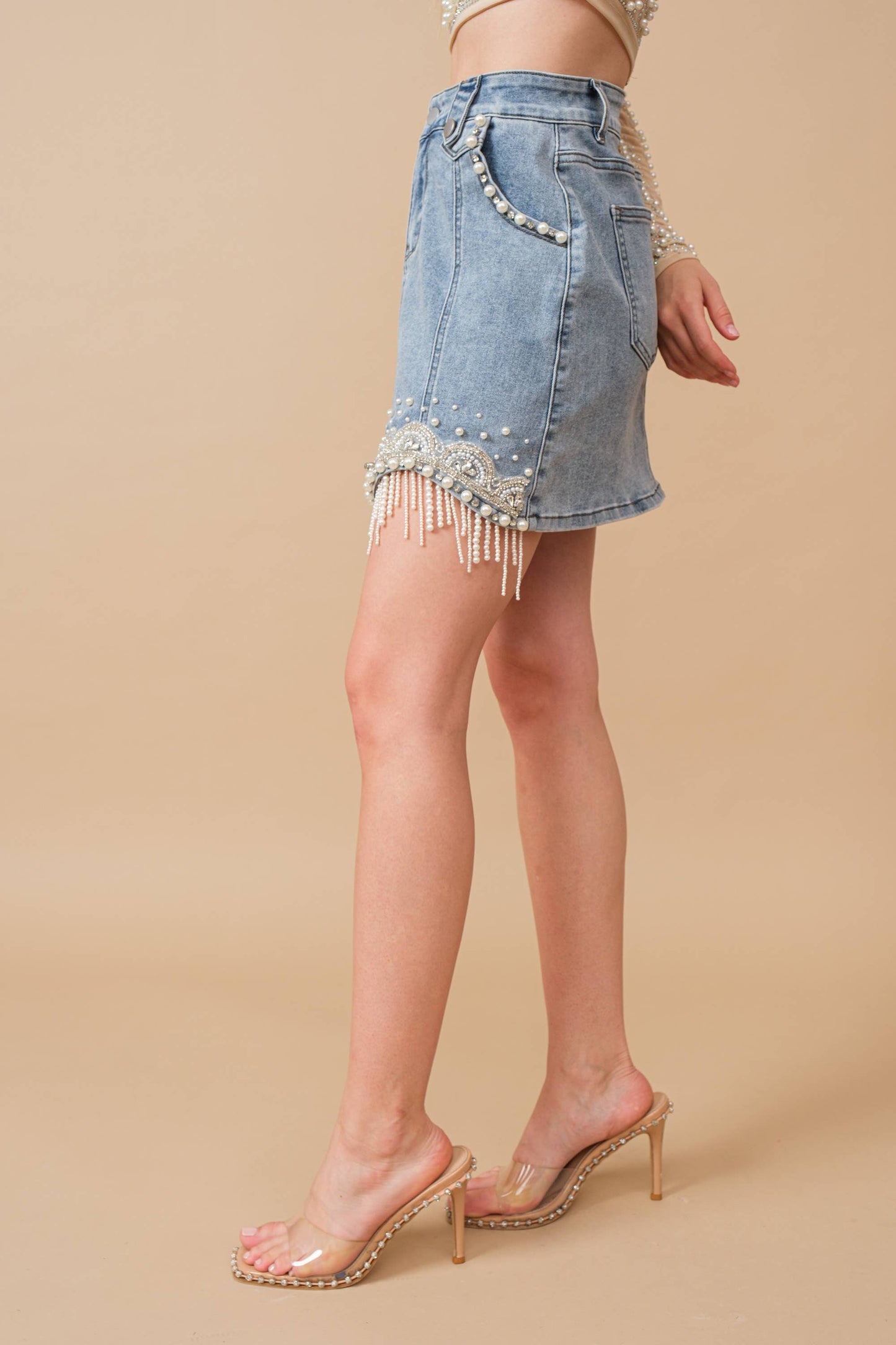 Stretch Denim Embellished Pearl Fringe Mini Skirt