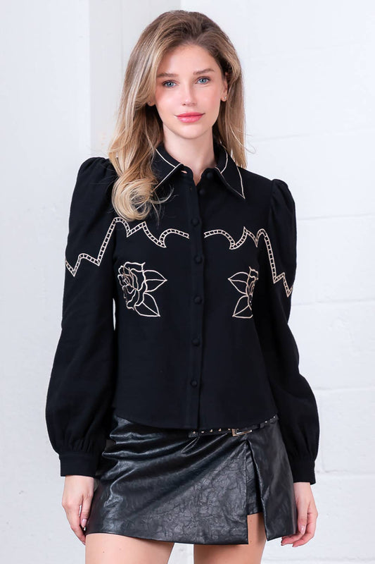 Top- Long Sleeve Black Embroidered Top