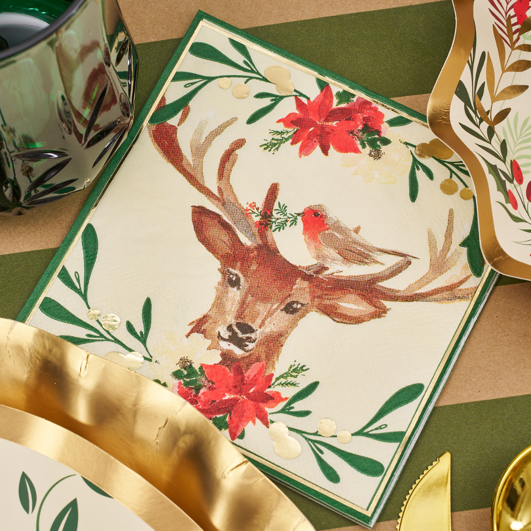 Bevel Board Kit - 9.75 x 8" Green Acacia Medium w/ Gold Spreader, Christmas Forest Napkin, and Ribbon