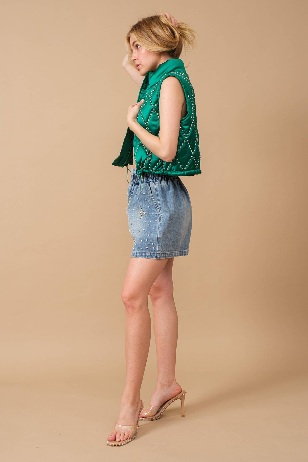 Vest- Shiny Woven Studded Crop Puffer Zip Up