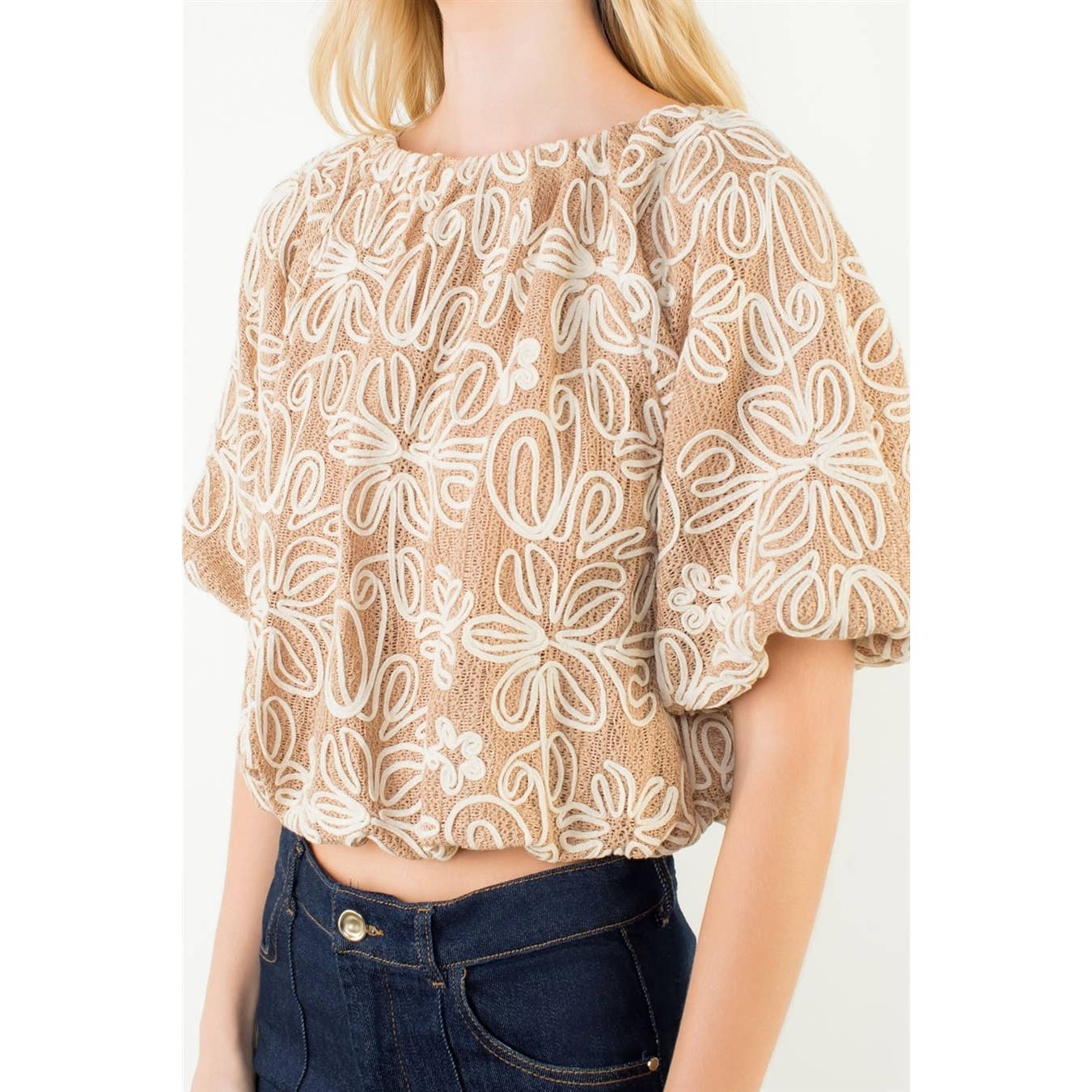 Top - Puff Sleeve Floral Embroidery Detail