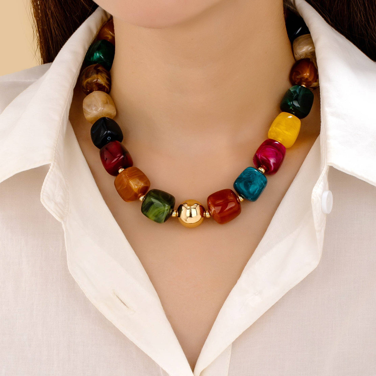 Necklace - Multicolor Marbled Resin Bead