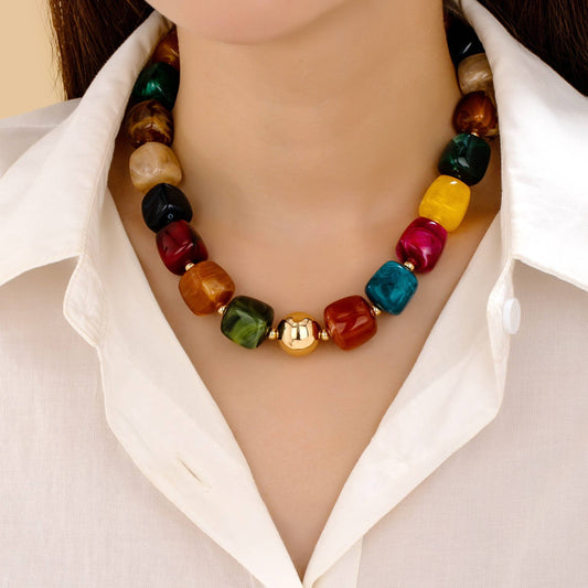 Necklace - Multicolor Marbled Resin Bead