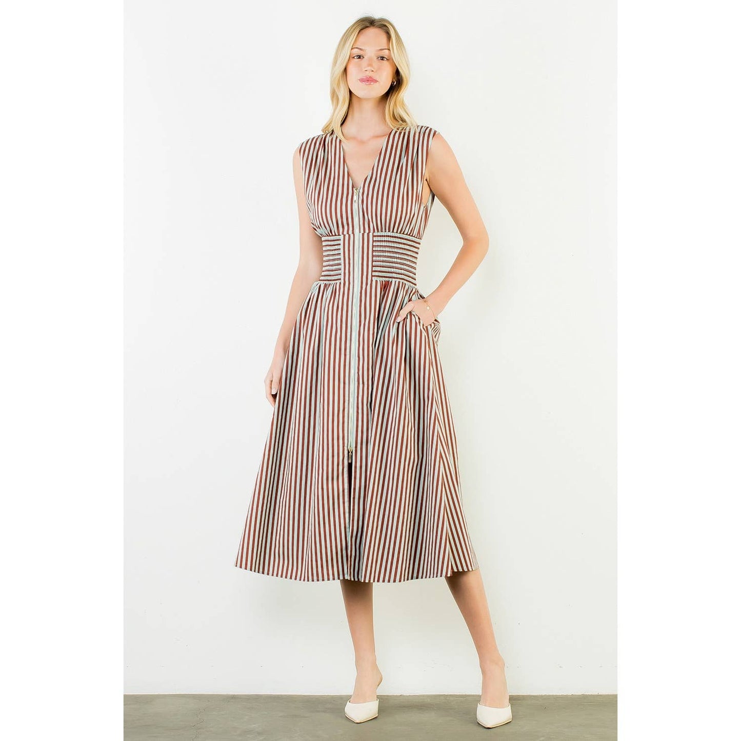 Dress- Sleeveless Vertical Stripes Zippered