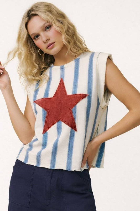 Top- Star Patch Striped Sleeveless Knit