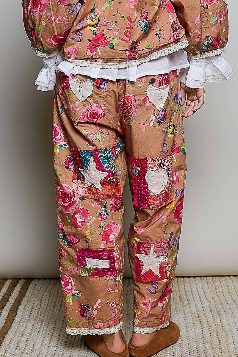 Pant- Heart Star Patch Elastic Waistband Lace Trim