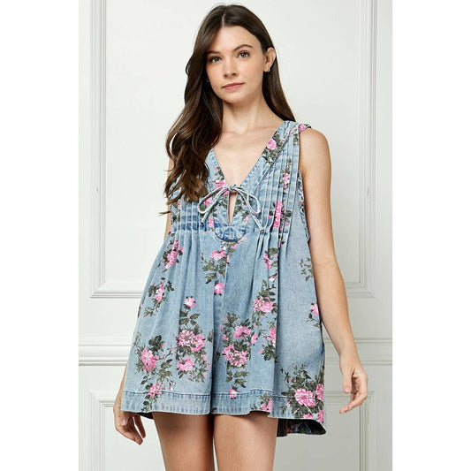 Printed Pleated V Neck Sleeveless Romper