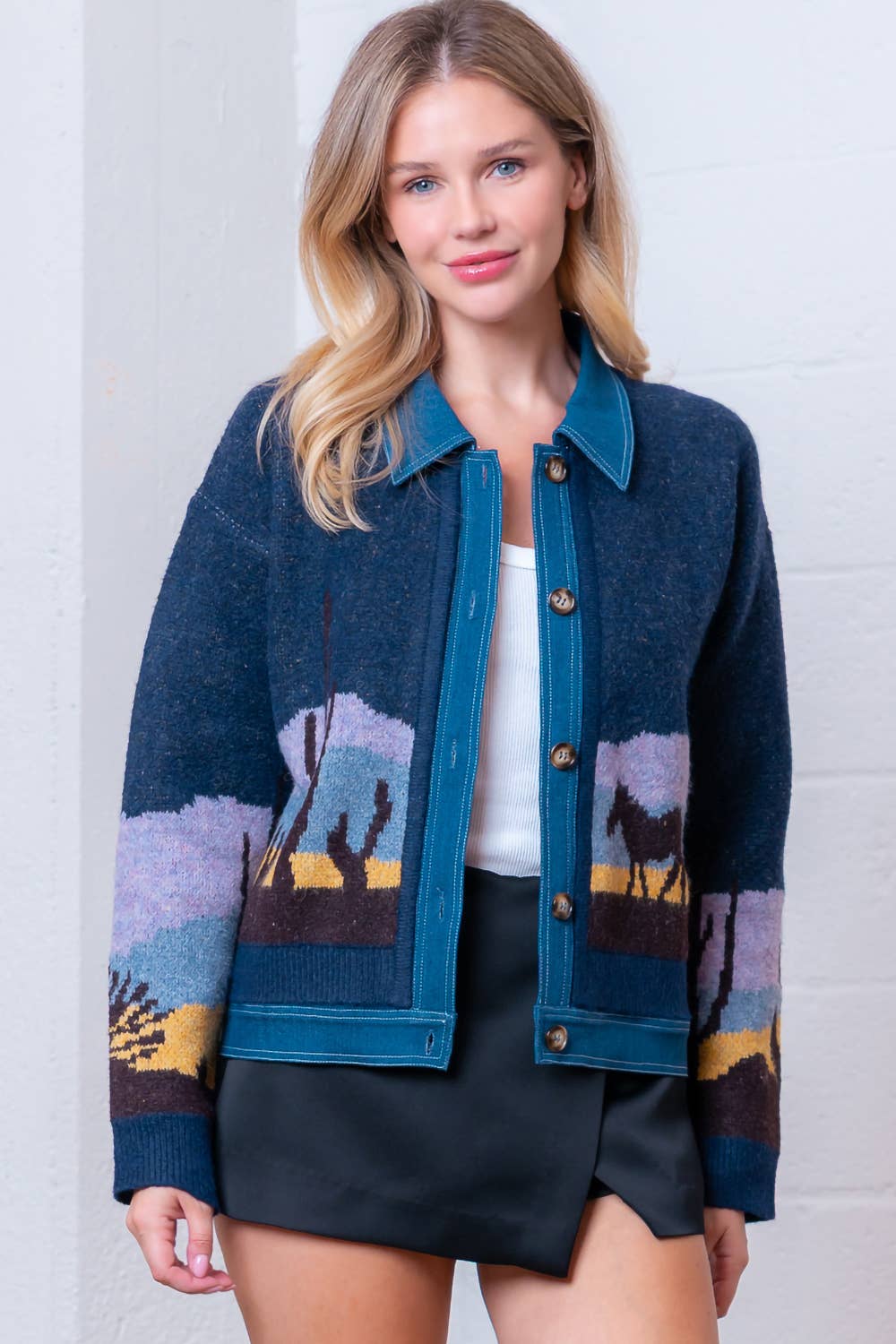 Sweater Jacket- Denim Horse