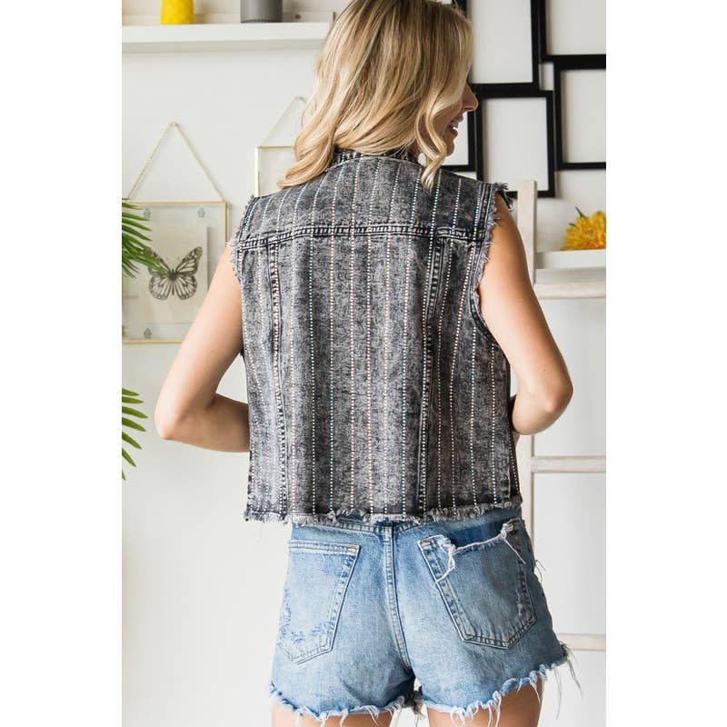 Up-cycled Rhinestone Color Denim Vest