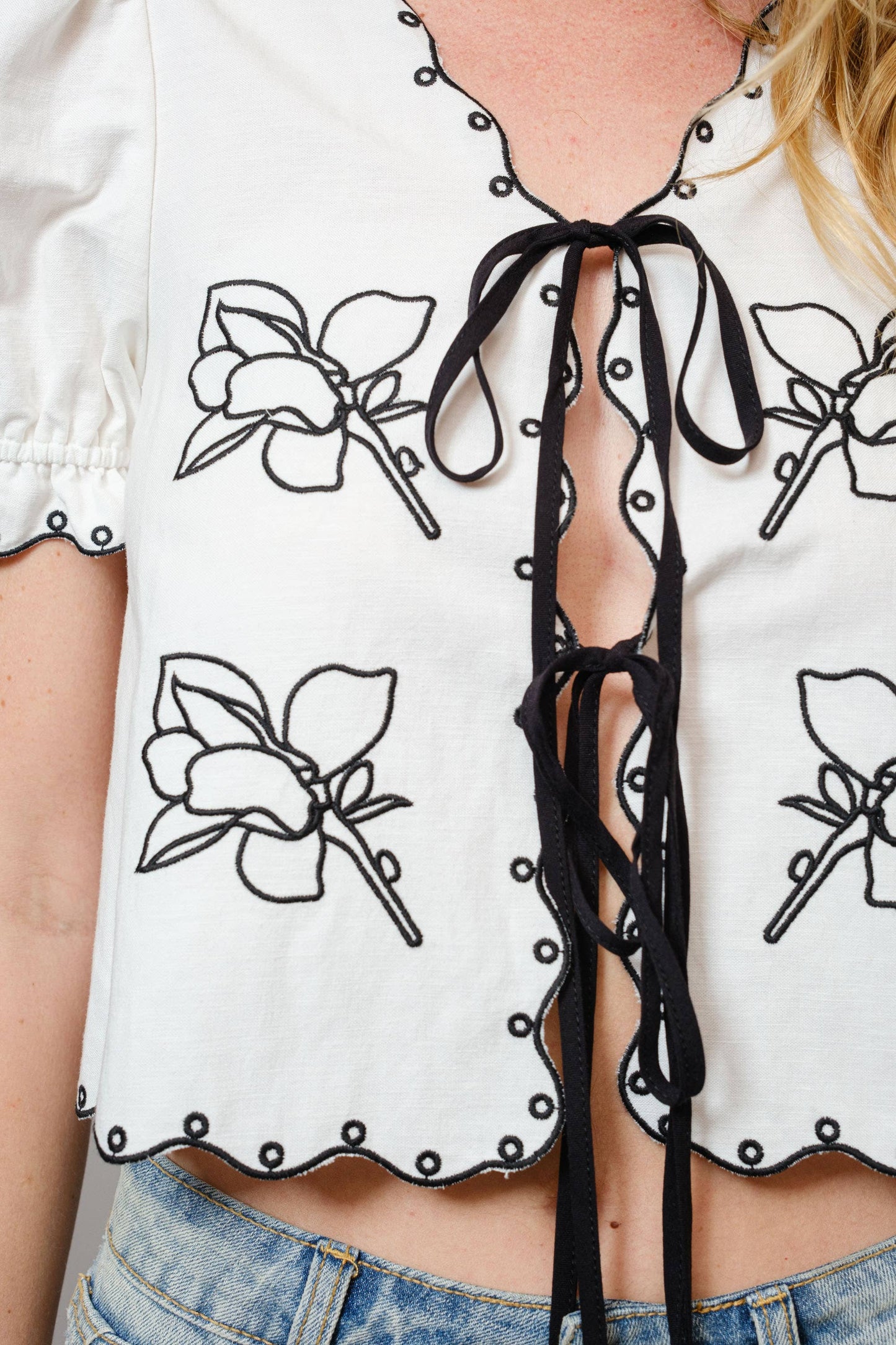 Shirt - Puff Sleeve Embroidered Tie Front