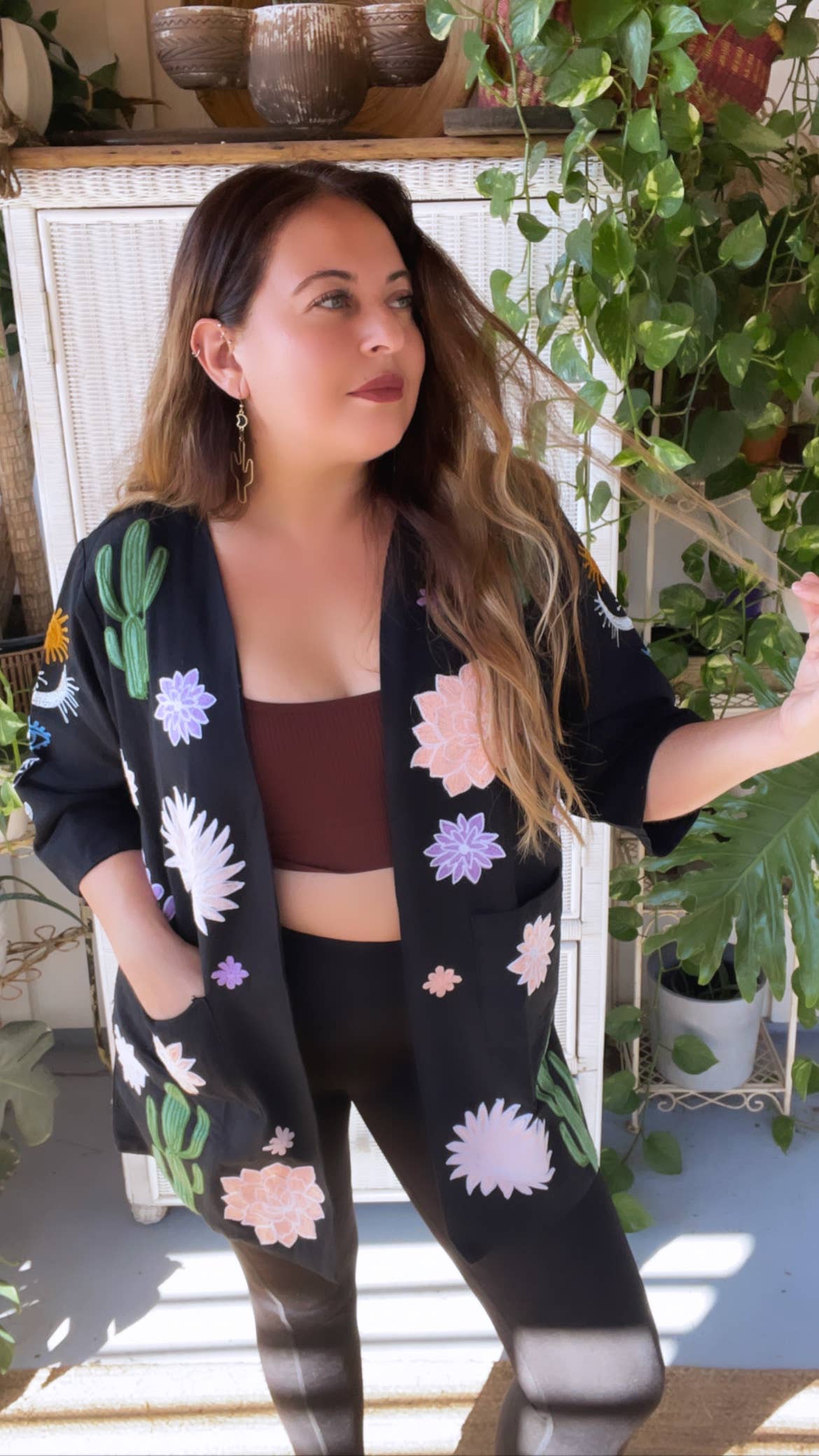 Embroidered Cactus Bohemian Night Sky w/ Evil Eye Jacket blk