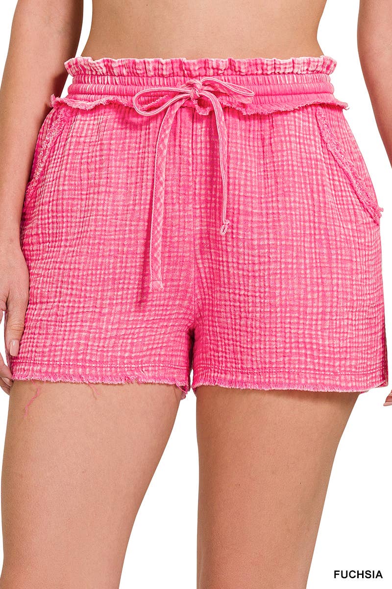 Washed Double Gauze Frayed Hem Drawstring Shorts