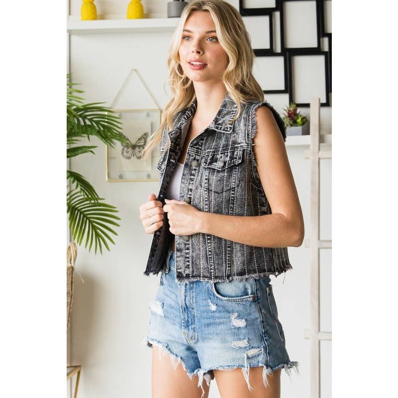 Up-cycled Rhinestone Color Denim Vest
