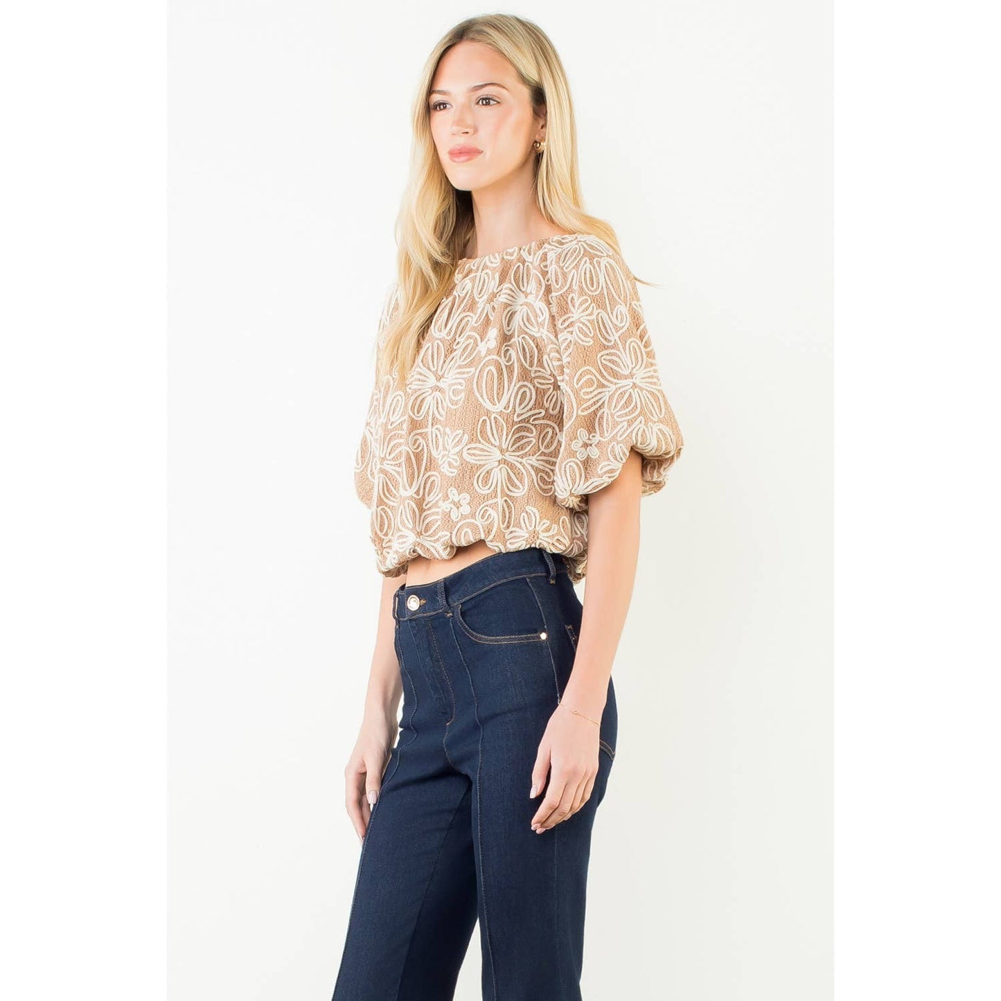 Top - Puff Sleeve Floral Embroidery Detail