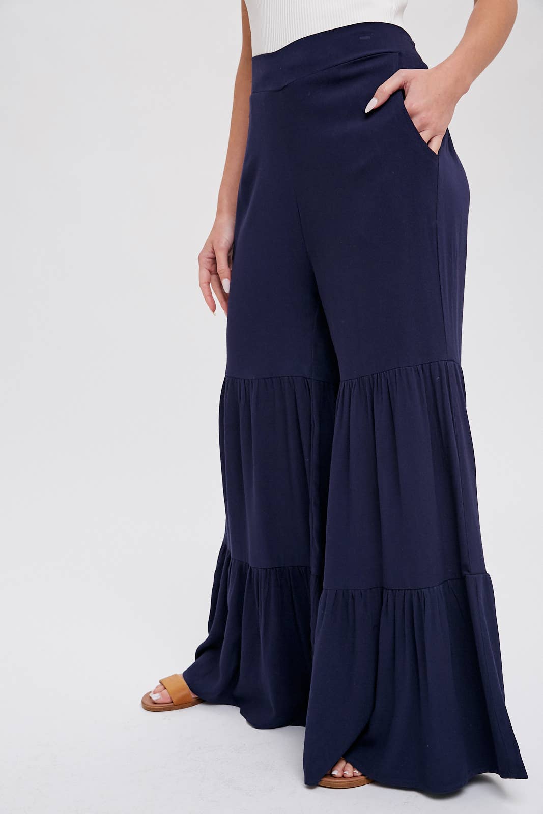 TIERED RUFFLE HIGH WAISTED WIDE-LEG PANTS