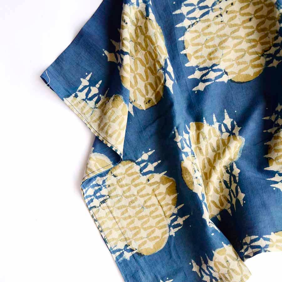Crop Top - Blue Sheer Silk Cotton Blouse Block Print