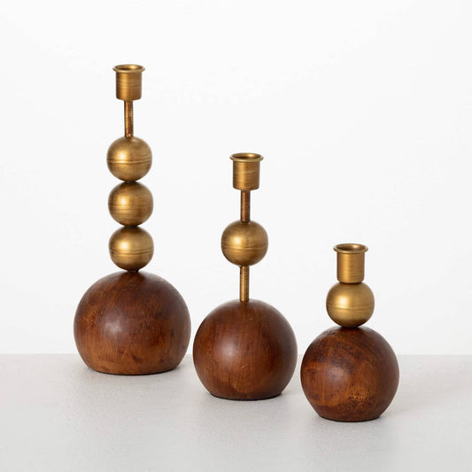 Med Gold & Wood Orb Candleholder