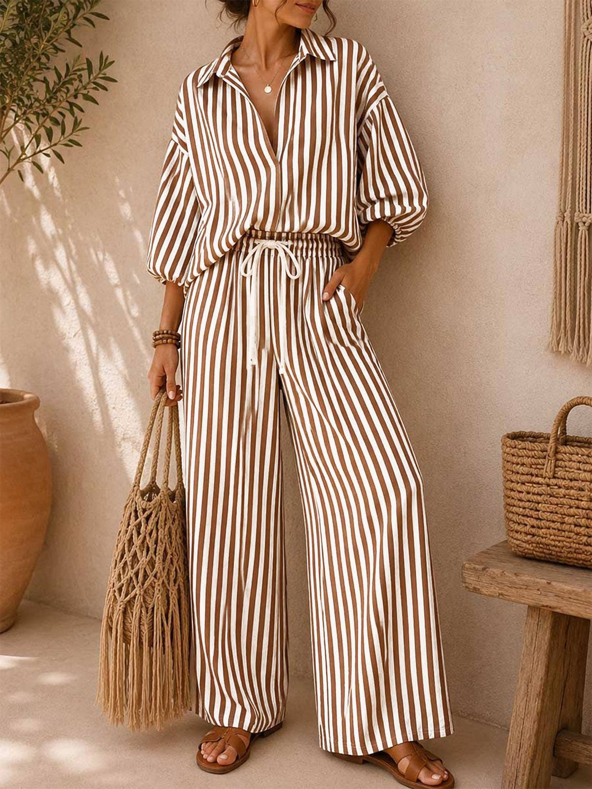 Set - Striped Button Down Shirt & Wide Leg Pants