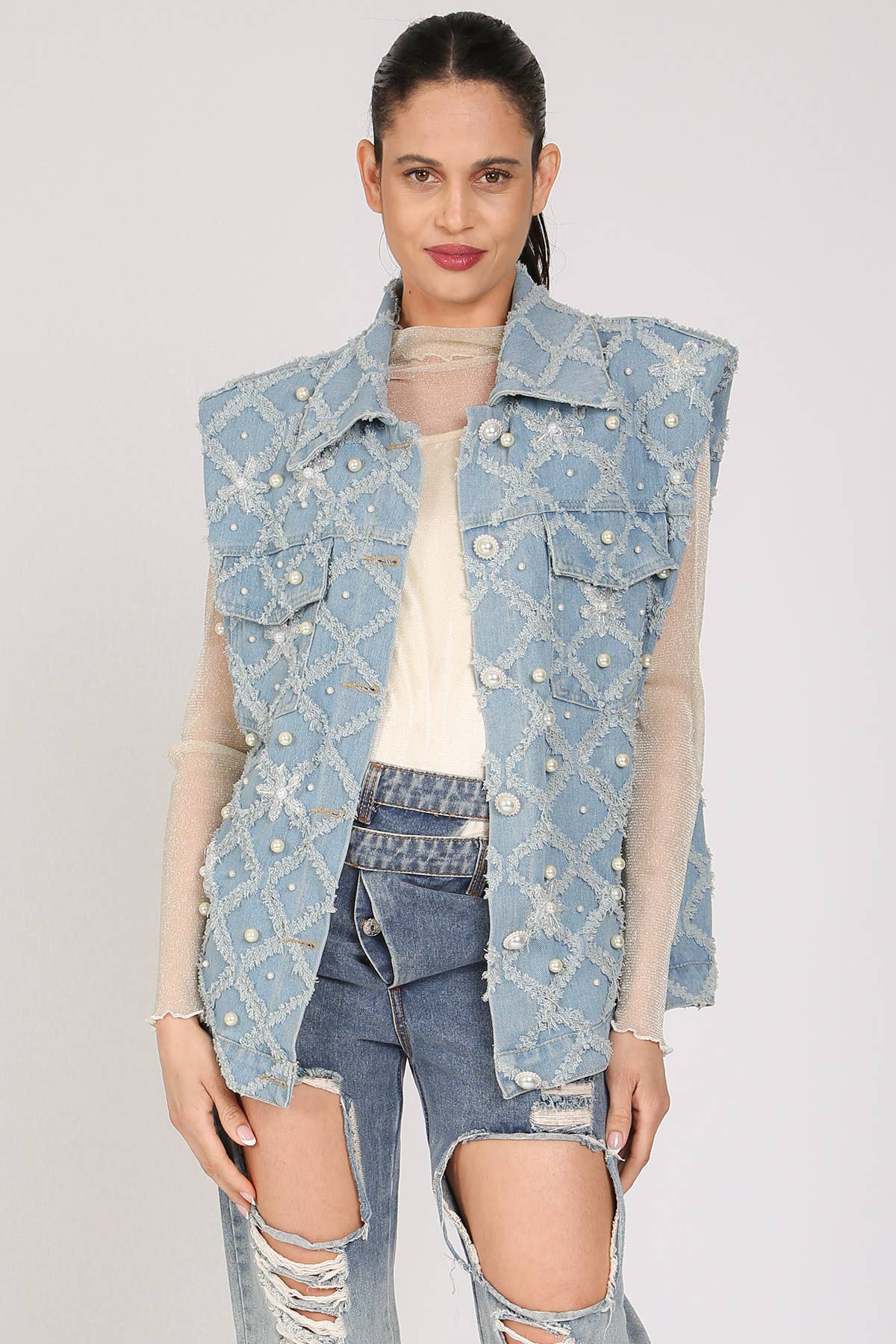 Denim Vest- Fringed & Multi-Pearled
