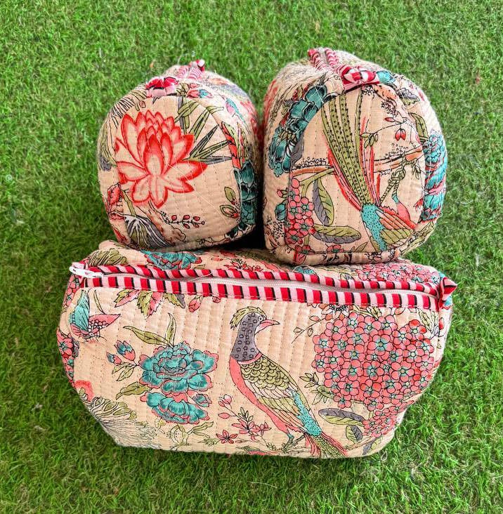 Bird Print Cotton Bag Cosmetic Hand Bag Quilted Toiletry Bag