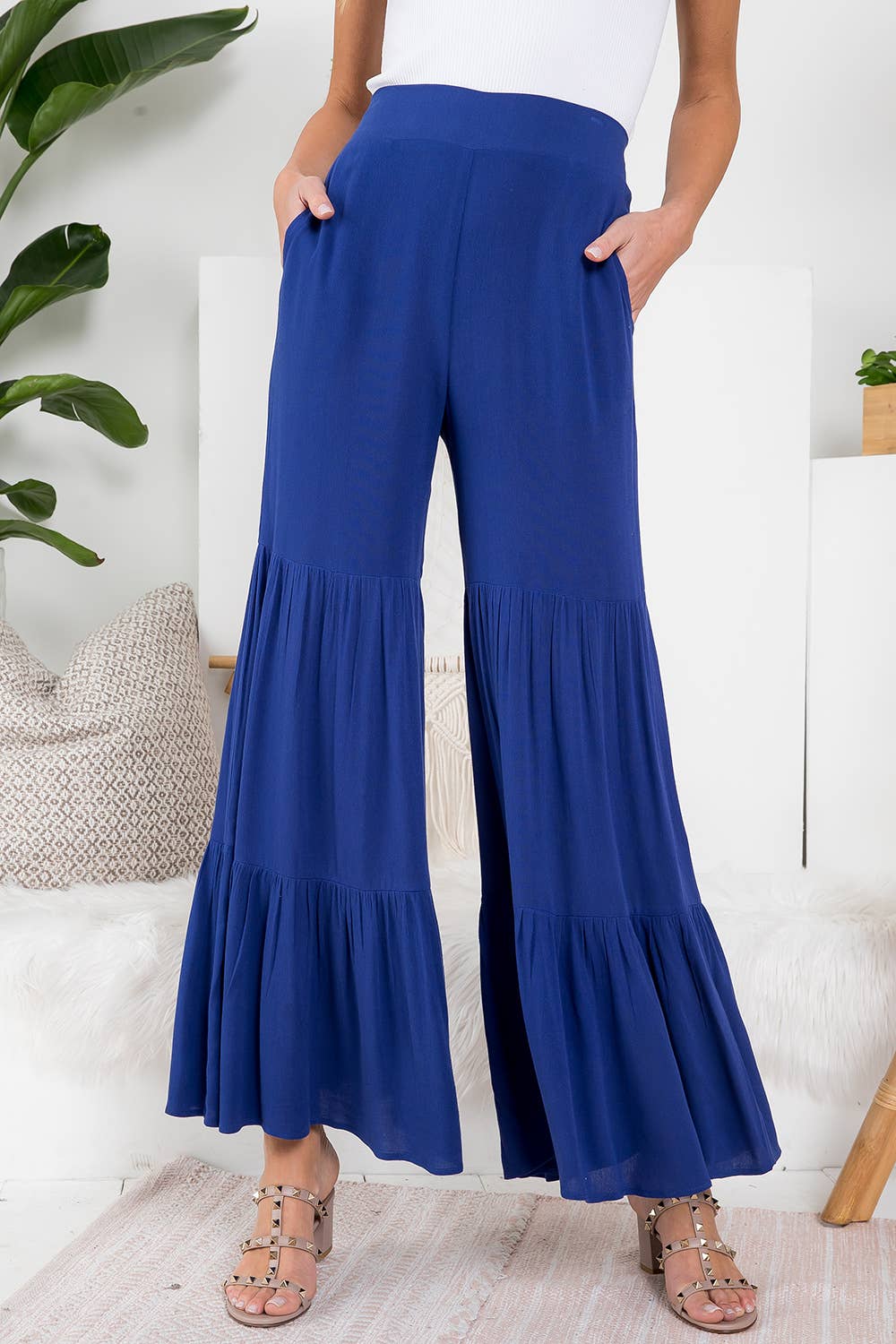 TIERED RUFFLE HIGH WAISTED WIDE-LEG PANTS