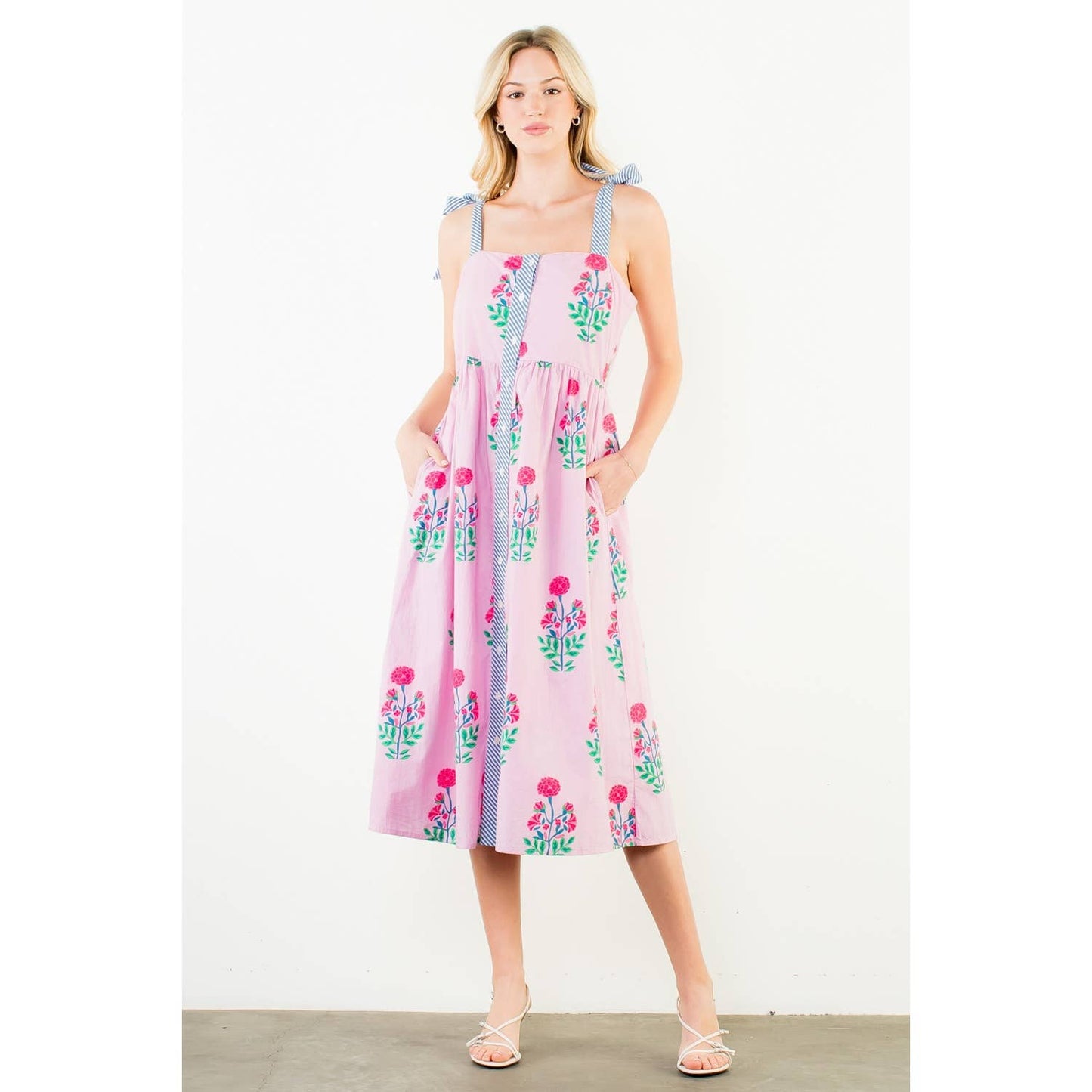 Dress - Tie Strap Floral Pattern Midi