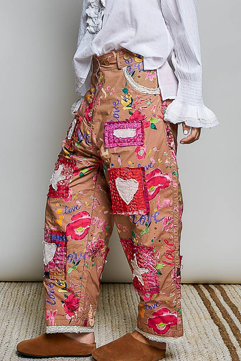 Pant- Heart Star Patch Elastic Waistband Lace Trim