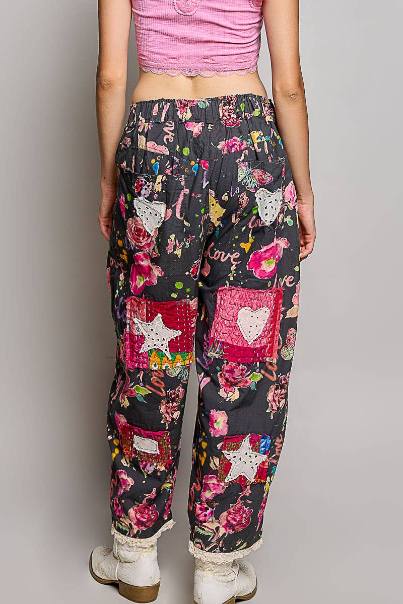 Pant- Heart Star Patch Elastic Waistband Lace Trim