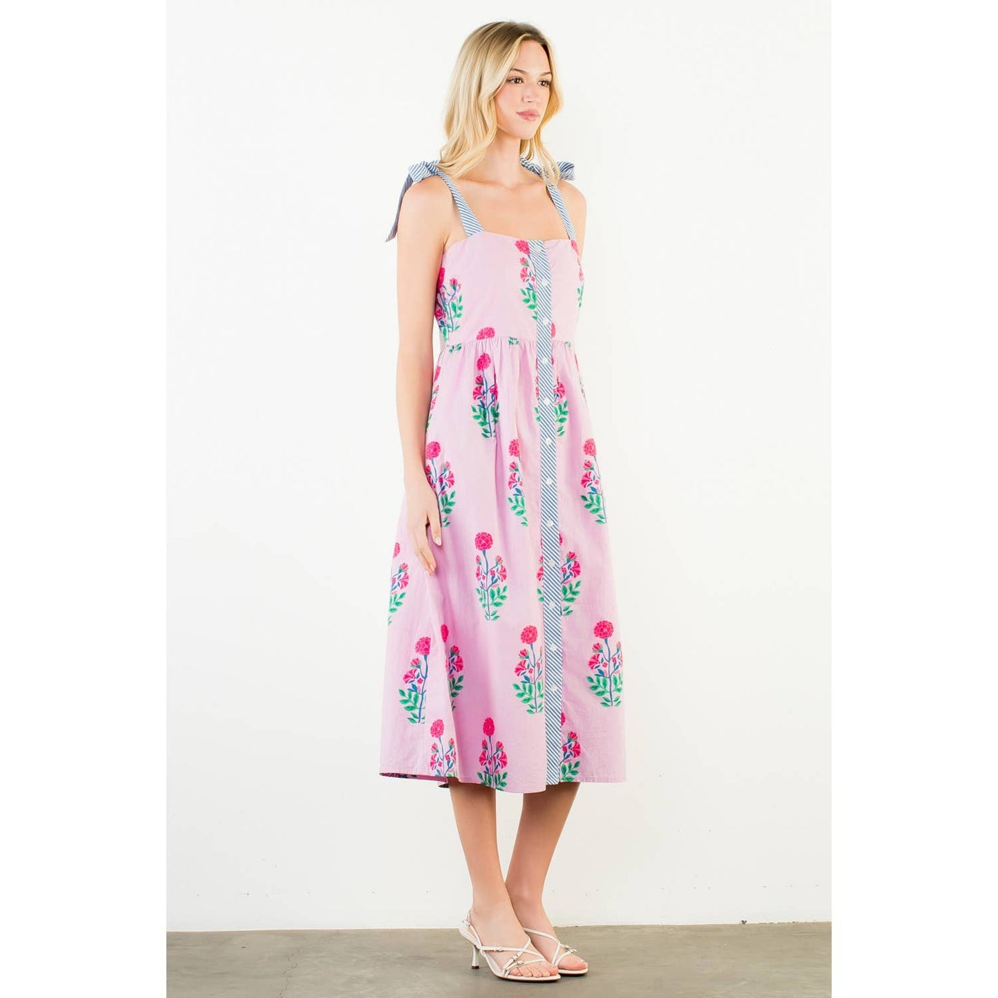 Dress - Tie Strap Floral Pattern Midi