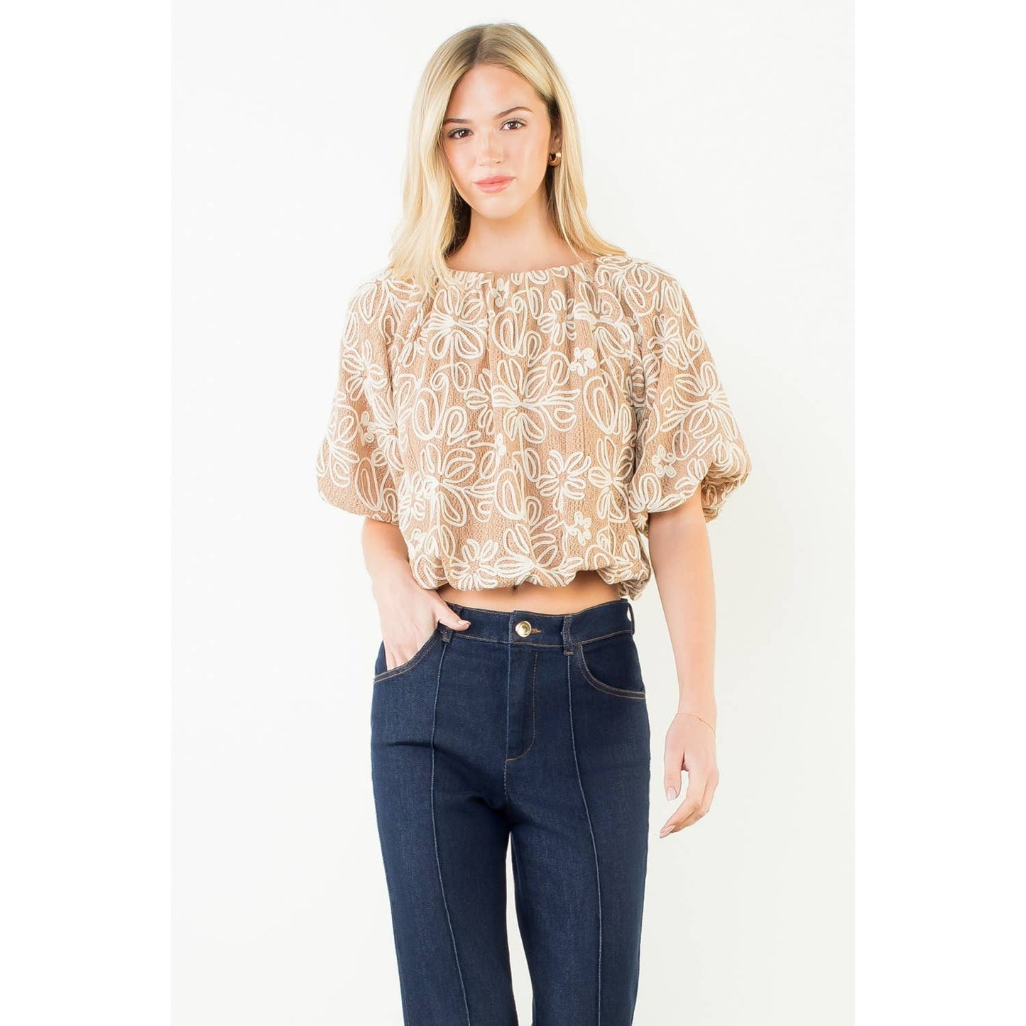 Top - Puff Sleeve Floral Embroidery Detail