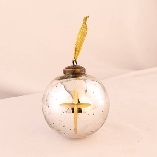 Ornament- Cruix Glass Ball Antique Silver/Gold   4"