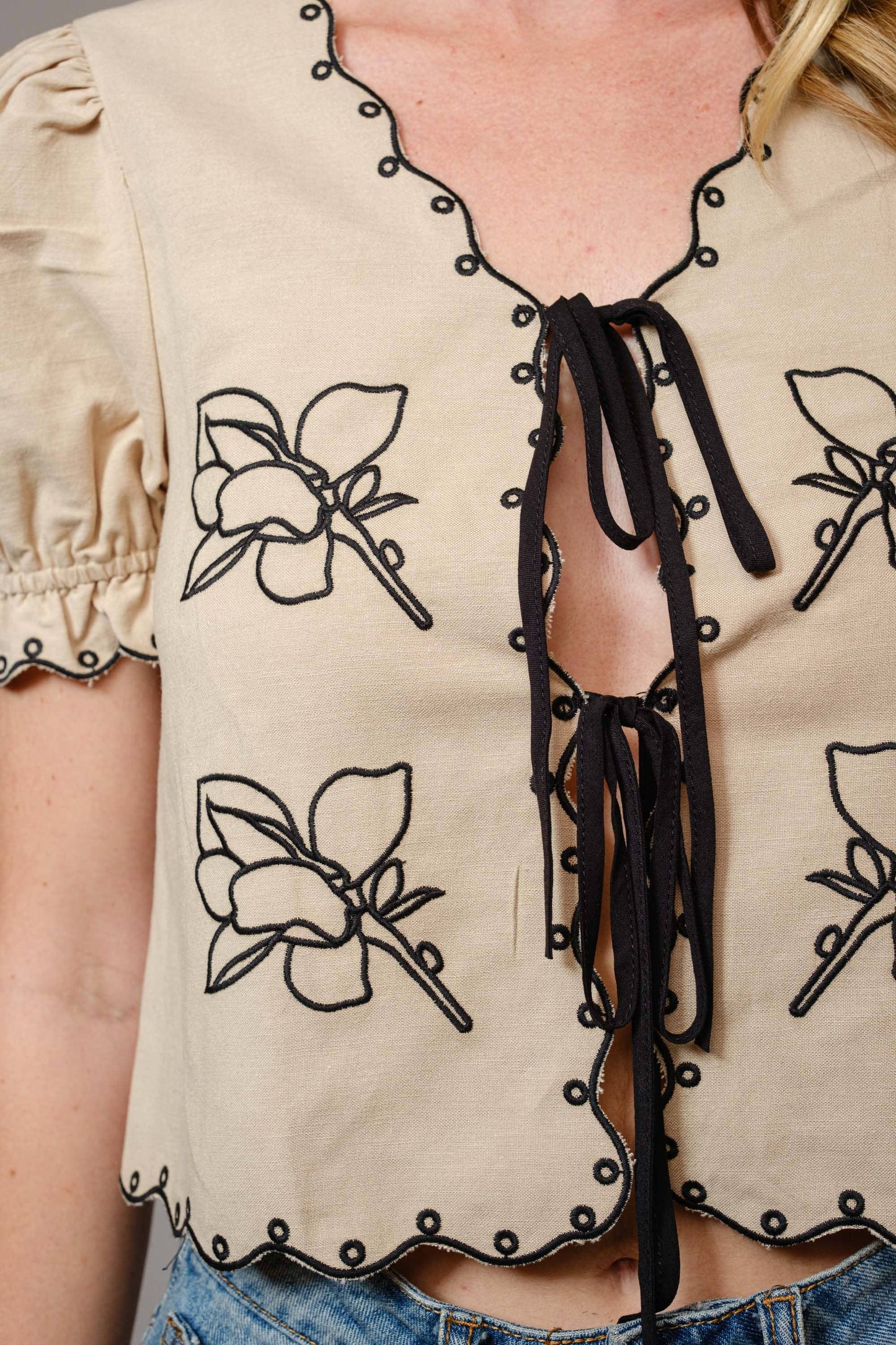 Shirt - Puff Sleeve Embroidered Tie Front