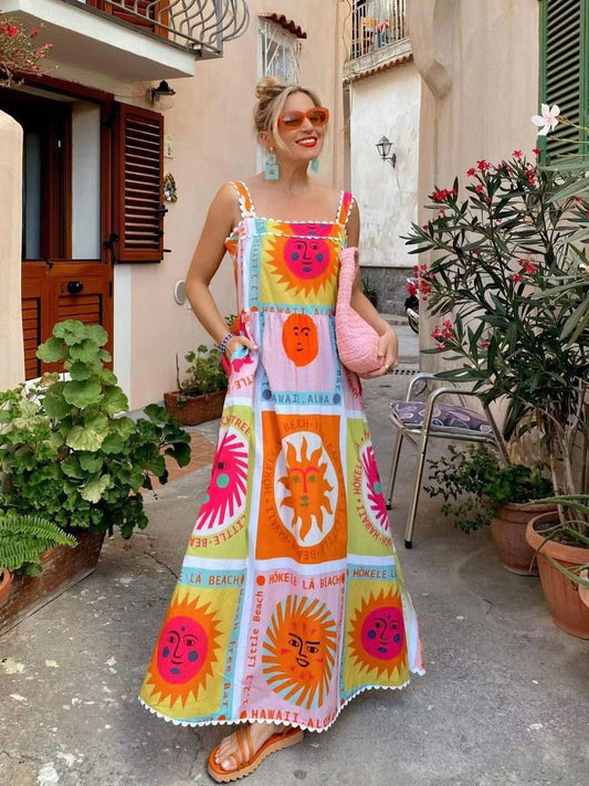 Sun Smile Face Print Pockets Sleeveless Slit Dress