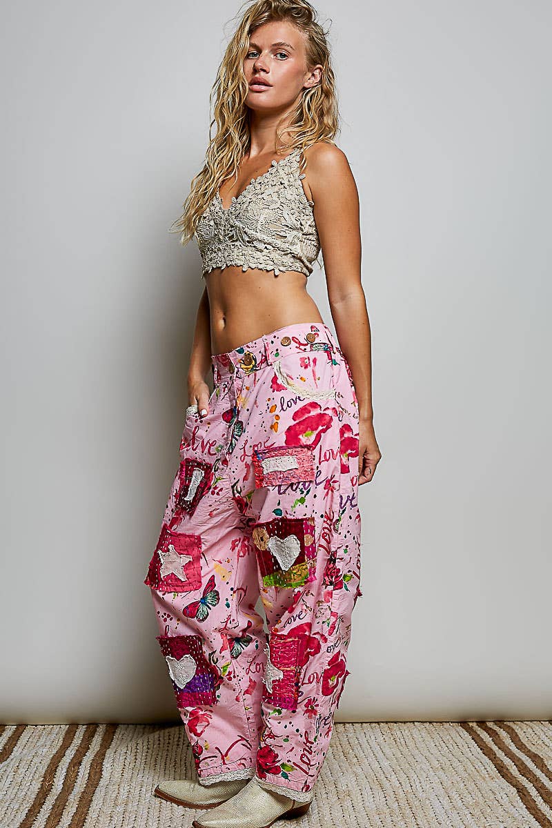 Pant- Heart Star Patch Elastic Waistband Lace Trim