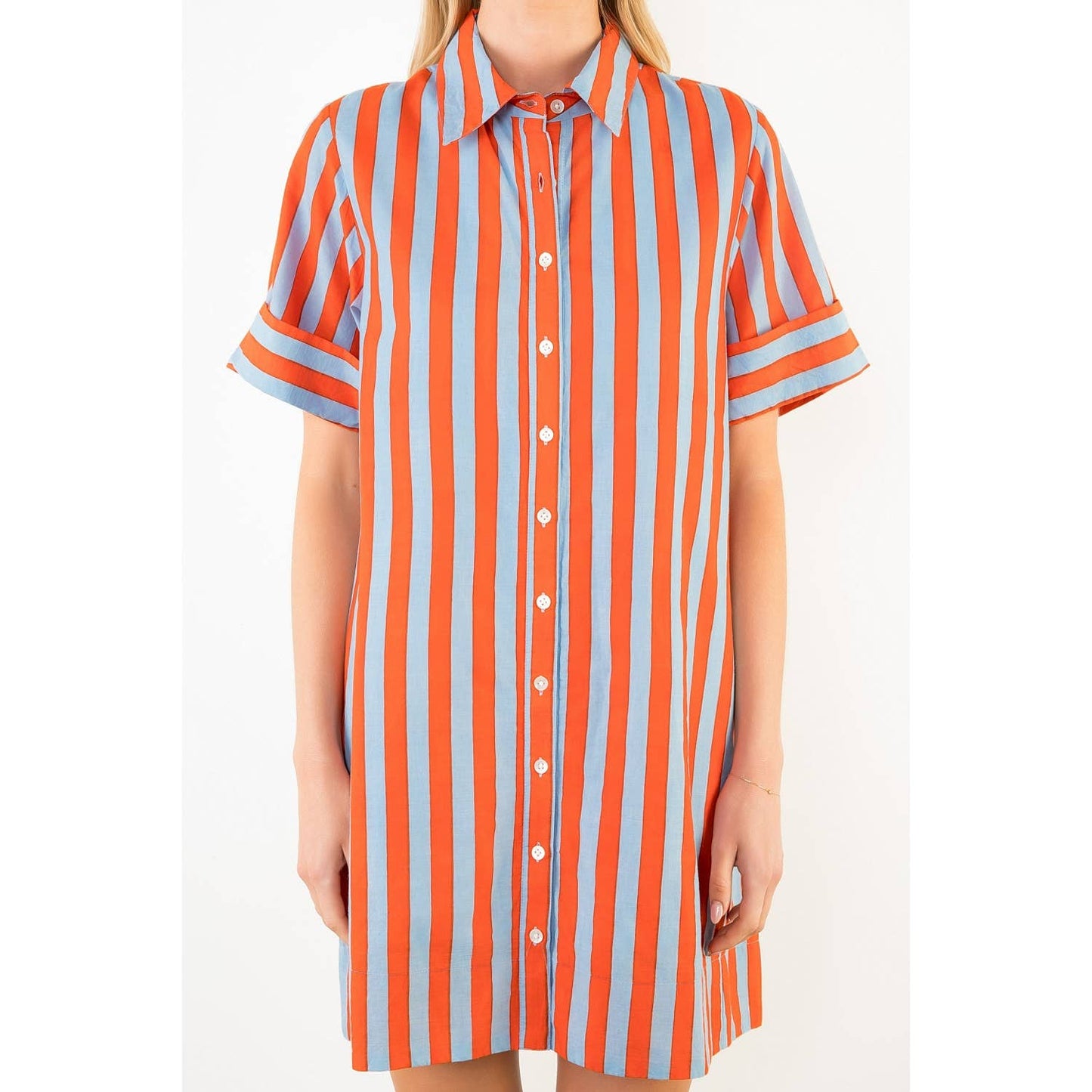 Dress- Short Sleeve Striped Button Up