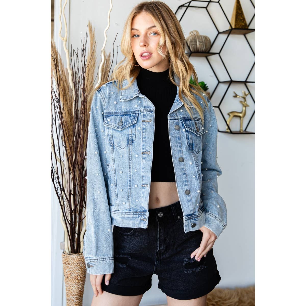 Denim Jacket- All Over Pearl Cropped