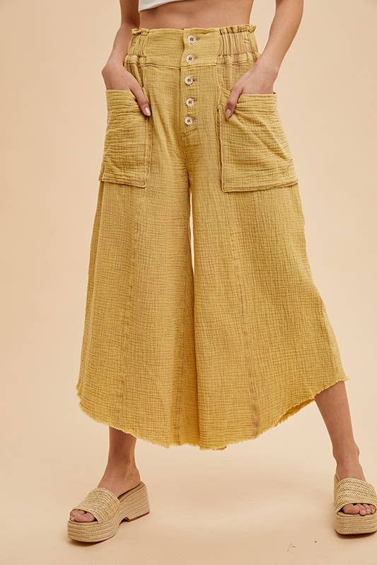 Pants - Mineral Washed Fray Hem Linen Cotton Wide