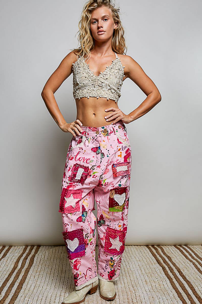 Pant- Heart Star Patch Elastic Waistband Lace Trim