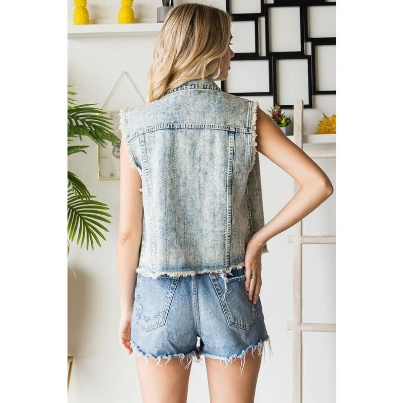 Up-cycled Rhinestone Color Denim Vest