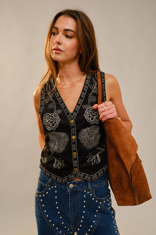 Vest- Black Embroidered Suede