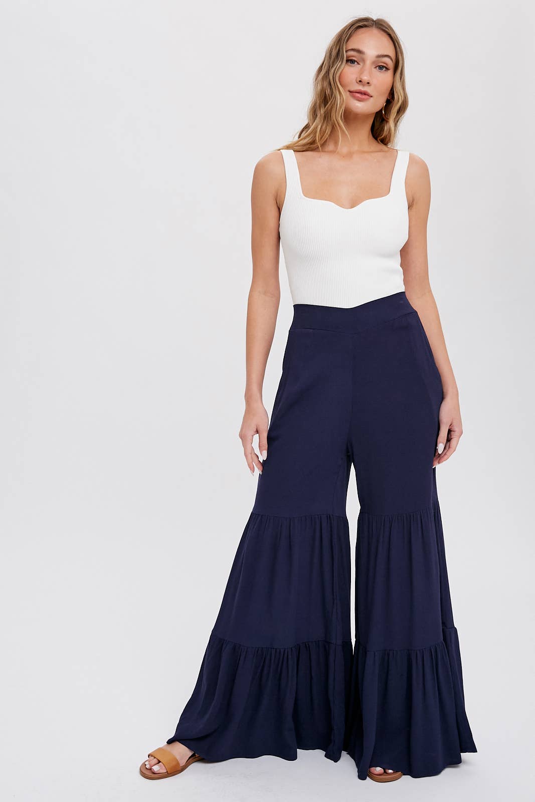 TIERED RUFFLE HIGH WAISTED WIDE-LEG PANTS