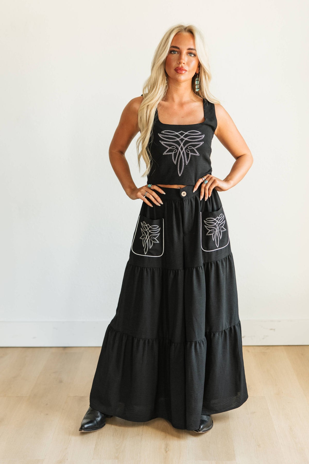 Set - Black Embroidered Top and Skirt