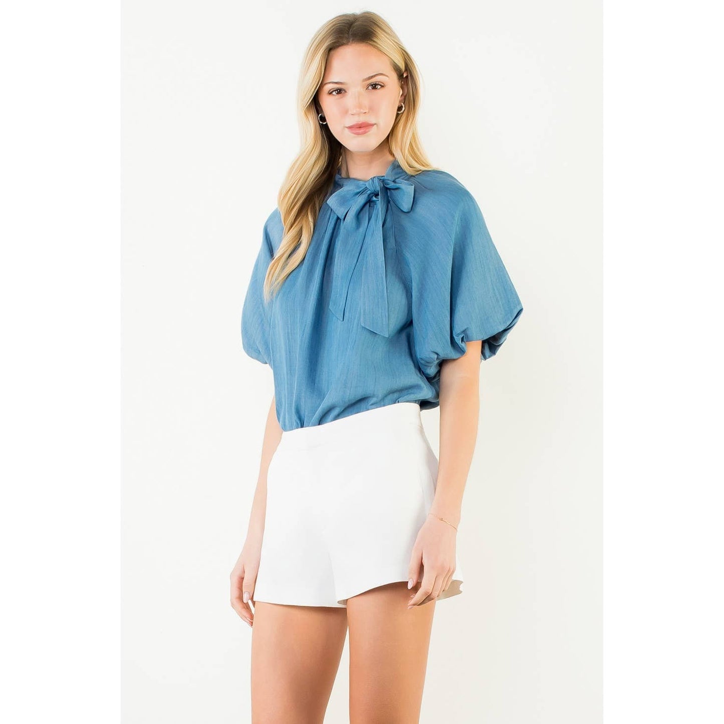 Top - Puff Sleeve Tie Knot Collar