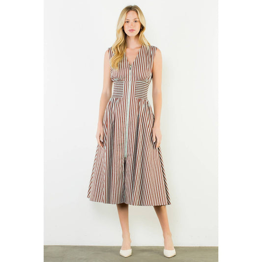 Dress- Sleeveless Vertical Stripes Zippered