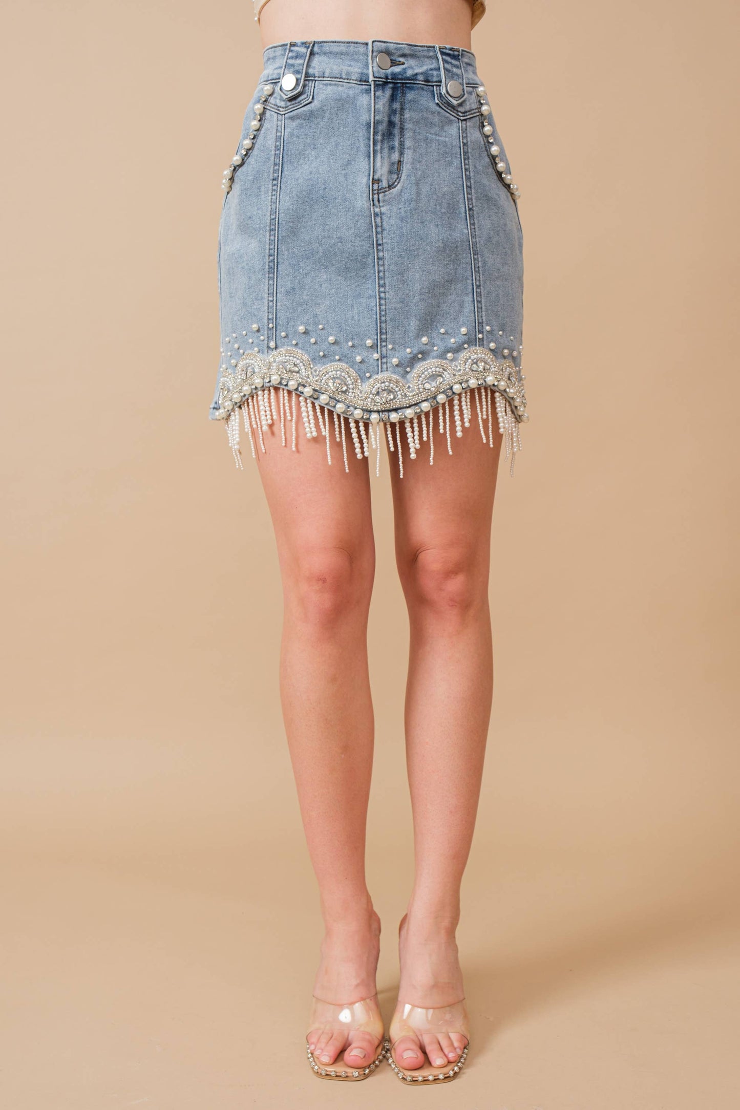 Stretch Denim Embellished Pearl Fringe Mini Skirt