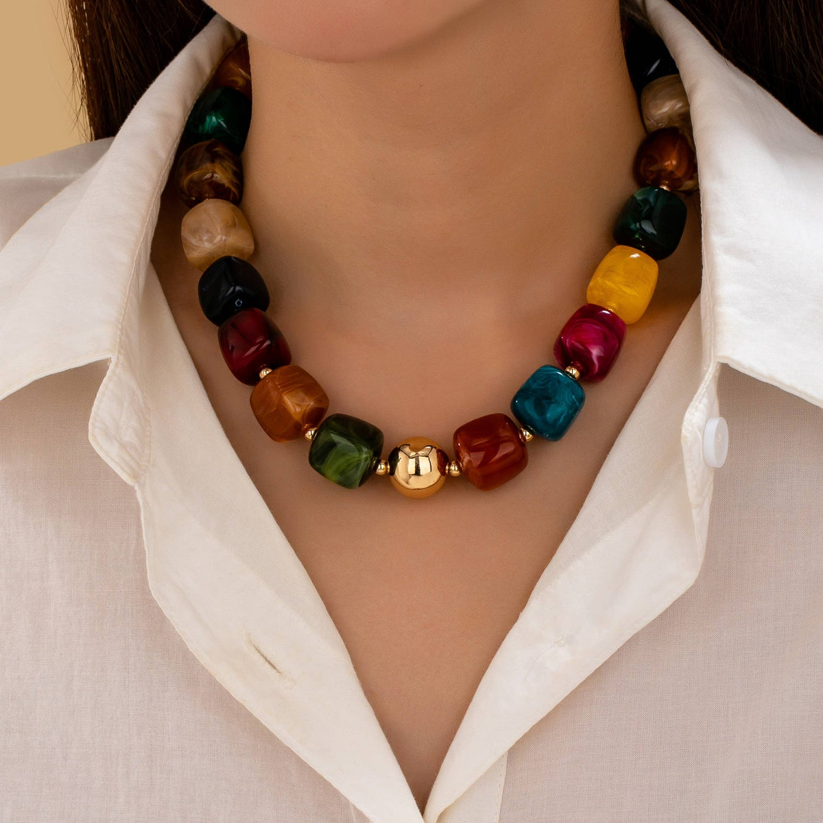 Necklace - Multicolor Marbled Resin Bead