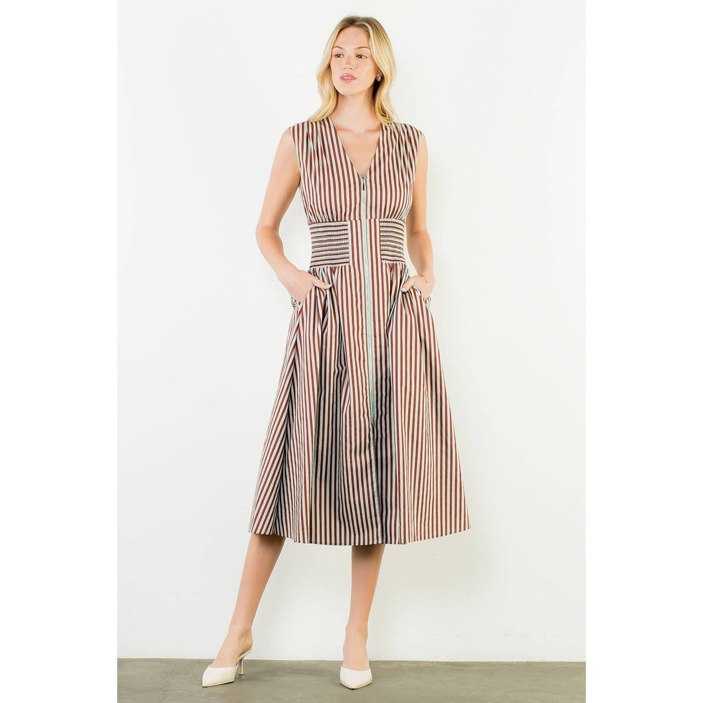 Dress- Sleeveless Vertical Stripes Zippered