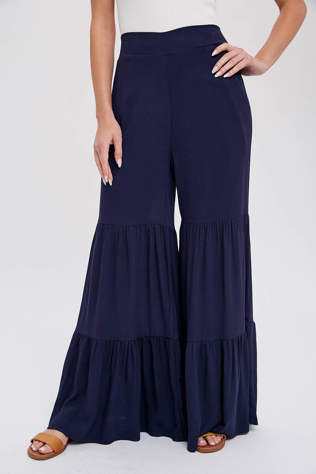 TIERED RUFFLE HIGH WAISTED WIDE-LEG PANTS