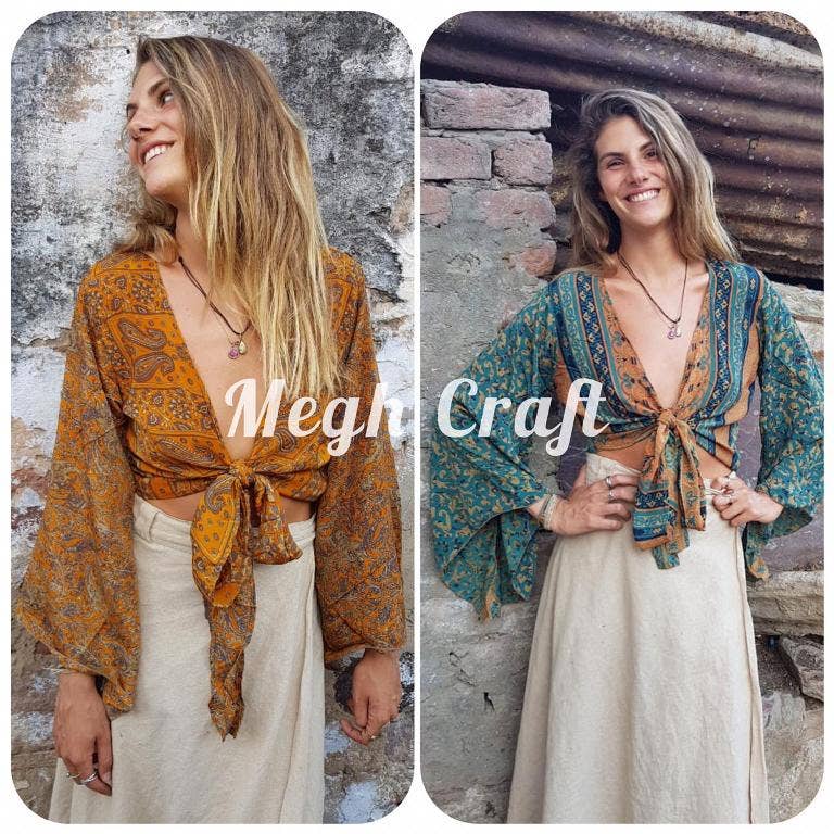 Upcycled Silk Tie Top—Flutter Recycled vintage Silk Sari Top